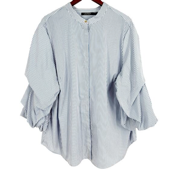 Ralph Lauren Womens Plus Size 3X Blue White Gold Button Ruffle Blouse Shirt Top - Picture 1 of 6